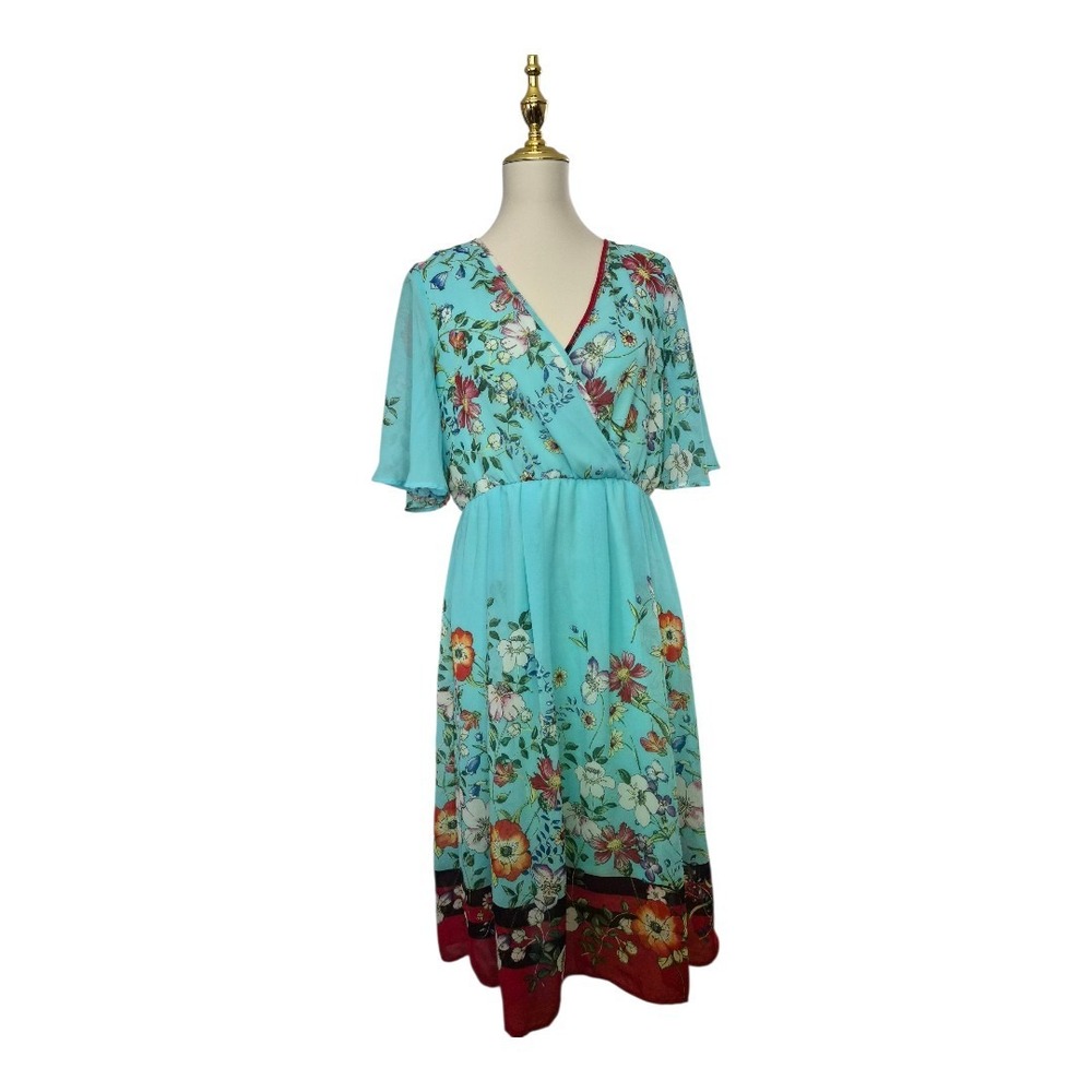 Superfoxx Women's Floral Midi Dress Blue Multicolor Boho Wrap Style‎ Size S